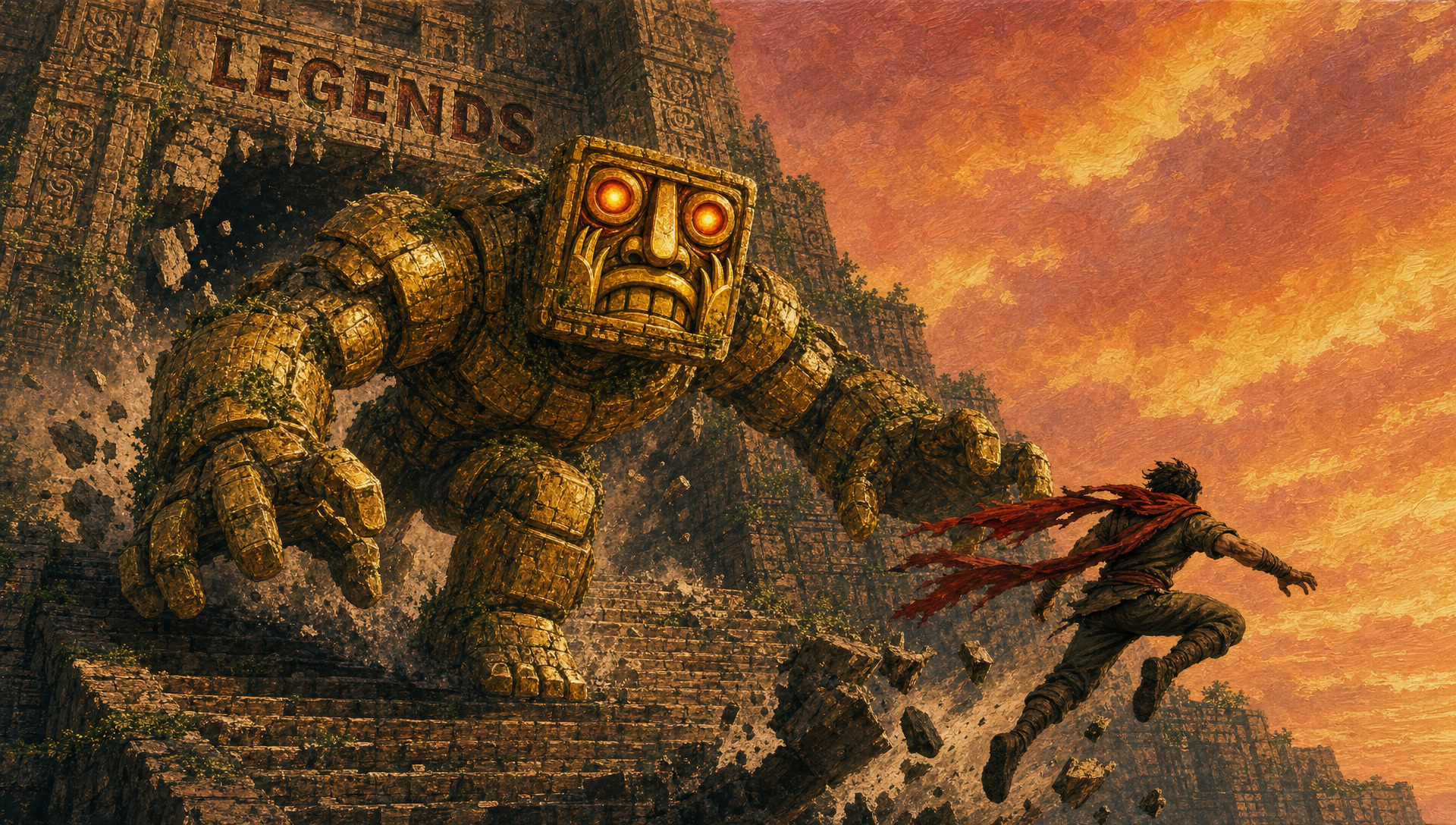 The gold guardian tearing out of the temple mid-stride