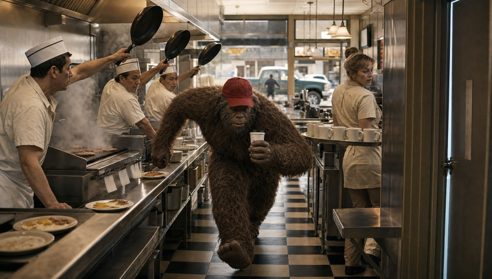 Ducking through the diner kitchen under lifted pans