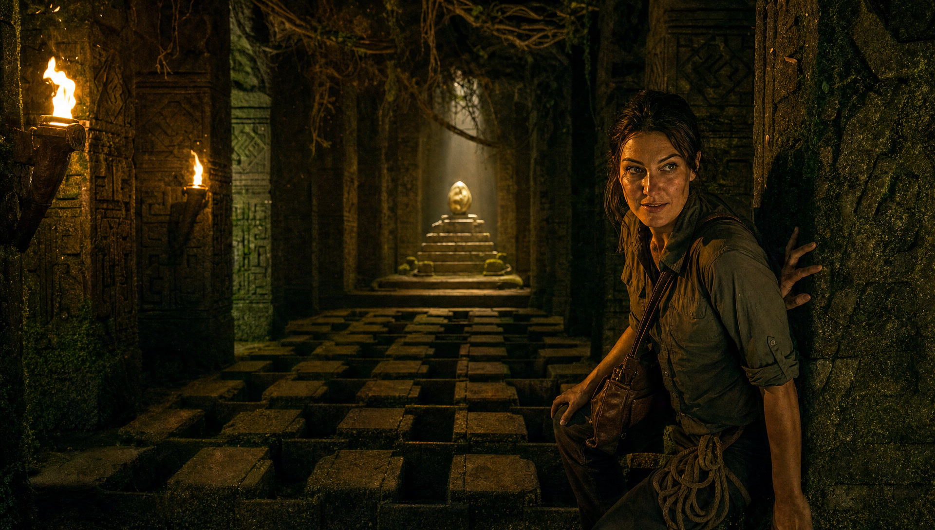 The torchlit chamber, the idol in its light shaft